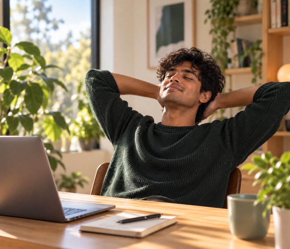 Relaxing at a desk after unplugging