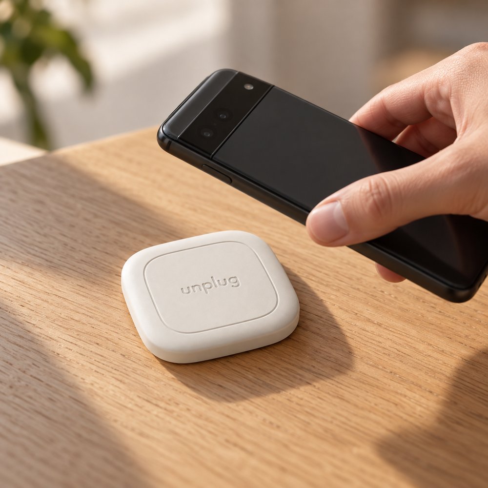A phone tapping the Unplug tag