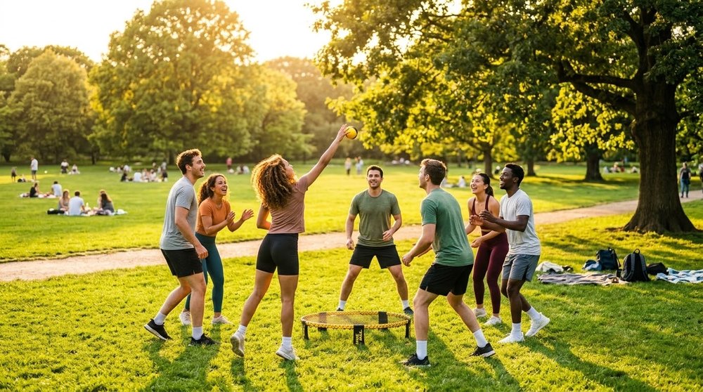 Friends playing a game together in a park