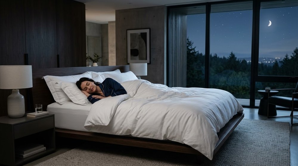 Person sleeping peacefully in a modern bedroom