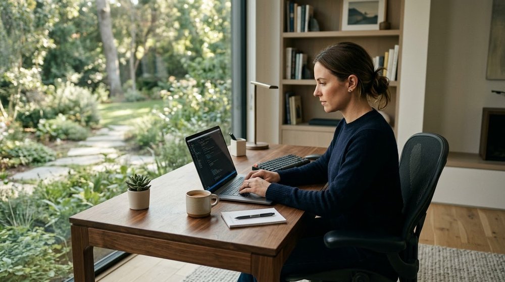 Person working at a desk with a laptop