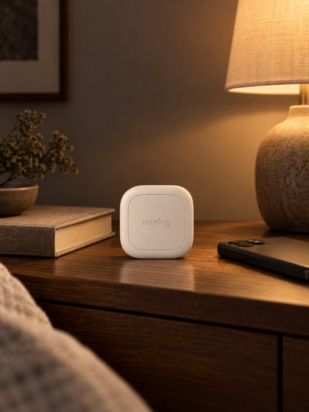 Unplug tag on a nightstand beside a lamp