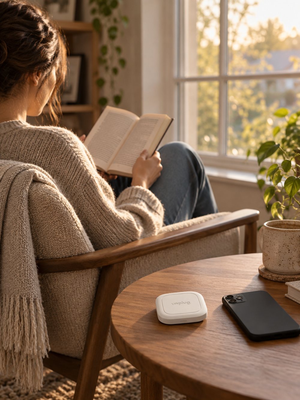 Reading by the window with the Unplug tag and phone on the table